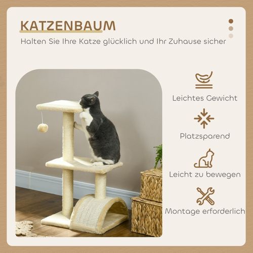 Arbre à Chat 72 Cm Avec Plateformes, Balle Suspendue Et Poteaux En Sisal, Crème