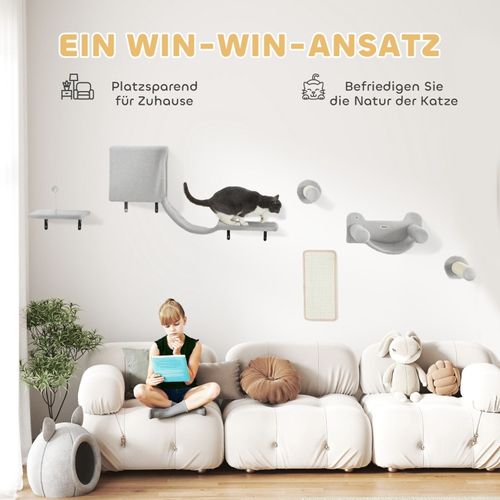 Mur D’escalade Pour Chats 6 Pièces Avec Maison, Plateforme Et Hamac, Gris