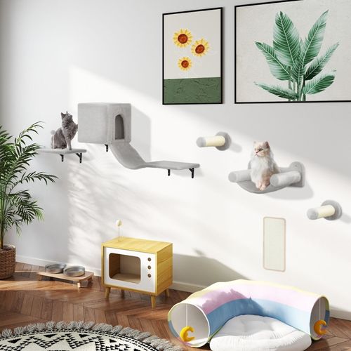 Mur D’escalade Pour Chats 6 Pièces Avec Maison, Plateforme Et Hamac, Gris