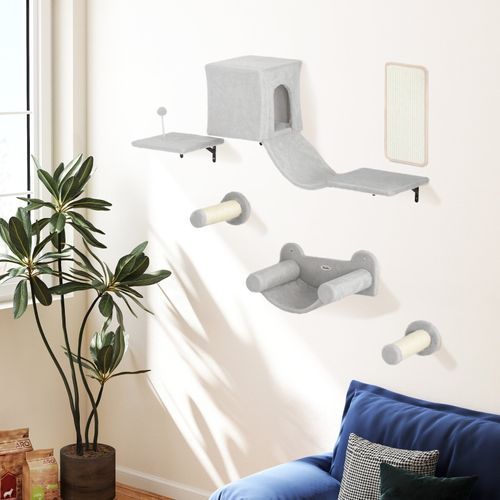 Mur D’escalade Pour Chats 6 Pièces Avec Maison, Plateforme Et Hamac, Gris