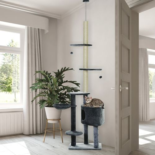 Arbre à Chat Hauteur Plafond 220-265 Cm Avec Plateformes, Coussins Et Sisal Gris Foncé