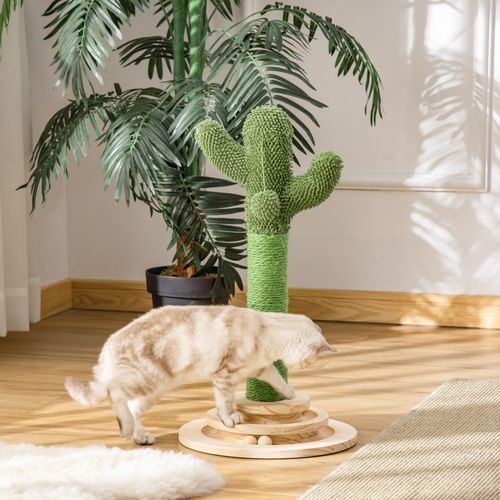 Arbre à Chat Cactus 60 Cm Avec Sisal, Jouet En Bois Et Coussin Vert Et Naturel