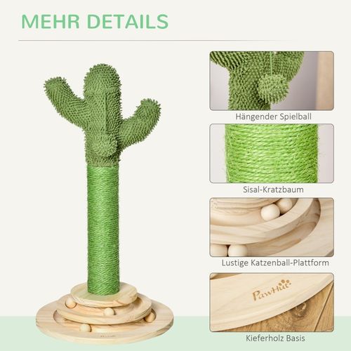 Arbre à Chat Cactus 60 Cm Avec Sisal, Jouet En Bois Et Coussin Vert Et Naturel