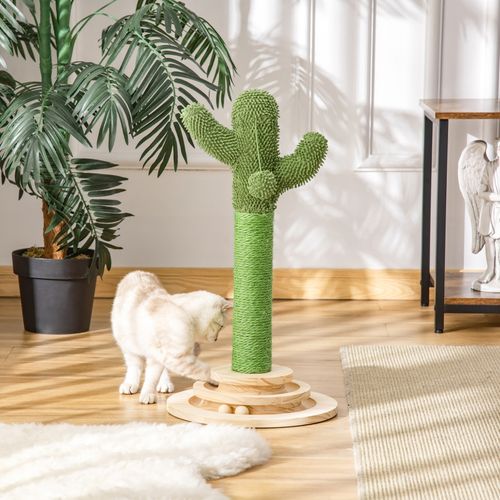Arbre à Chat Cactus 60 Cm Avec Sisal, Jouet En Bois Et Coussin Vert Et Naturel