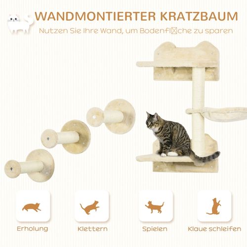 Set De 4 Marches Murales Pour Chat Avec Hamac Et Arbre à Griffer, Beige Et Crème, 40x28x73 Cm