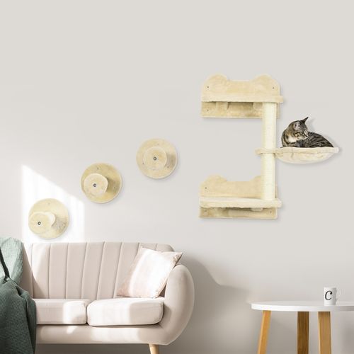 Set De 4 Marches Murales Pour Chat Avec Hamac Et Arbre à Griffer, Beige Et Crème, 40x28x73 Cm