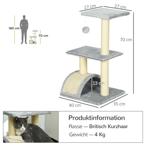 Arbre à Chat Multi-niveaux Avec Sisal, Balle Suspendue Et Plateforme, 72 Cm