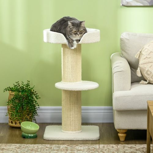 Arbre à Chat 91 Cm Avec Plateforme, Lit En Laine Et Poteaux En Sisal Crème