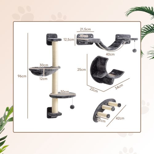 Set Mural Pour Chat 4 Pièces Avec Hamac Et Pont, Jeu Et Repos Pour Chats Jusqu’à 5 Kg