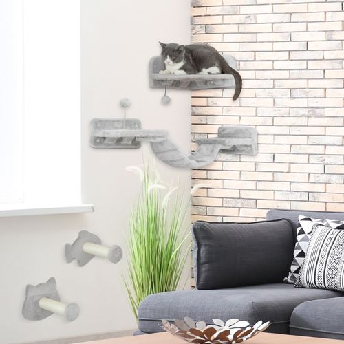 Set D’escaliers Pour Chats 4 Pièces Avec Plateformes Et Poteaux En Sisal, Gris Clair/crème