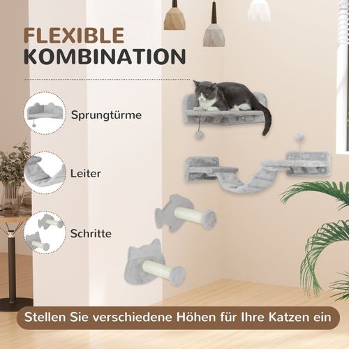 Set D’escaliers Pour Chats 4 Pièces Avec Plateformes Et Poteaux En Sisal, Gris Clair/crème