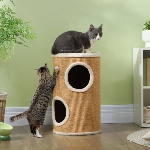 Arbre à Chat Compact Avec Double Niveau, Sisal Et Peluche, Brun-beige