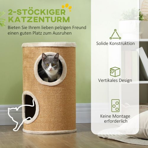 Arbre à Chat Compact Avec Double Niveau, Sisal Et Peluche, Brun-beige