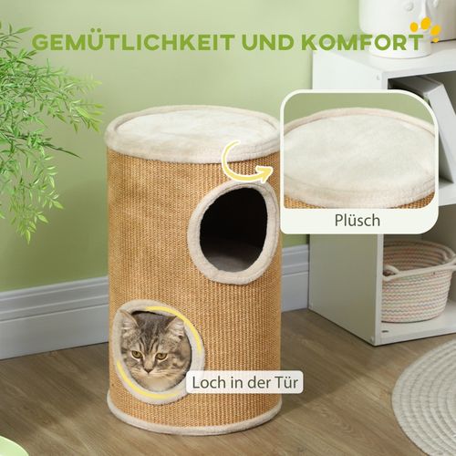 Arbre à Chat Compact Avec Double Niveau, Sisal Et Peluche, Brun-beige