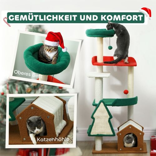 Arbre à Chat De Noël 135 Cm Avec Maison, Lit, Plateformes Et Jouets Pour Chats