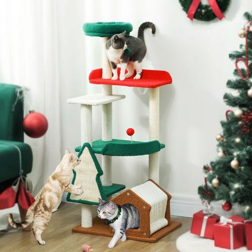 Arbre à Chat De Noël 135 Cm Avec Maison, Lit, Plateformes Et Jouets Pour Chats
