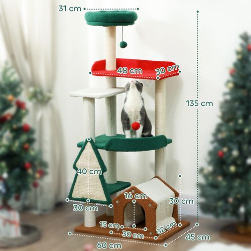 Arbre à Chat De Noël 135 Cm Avec Maison, Lit, Plateformes Et Jouets Pour Chats