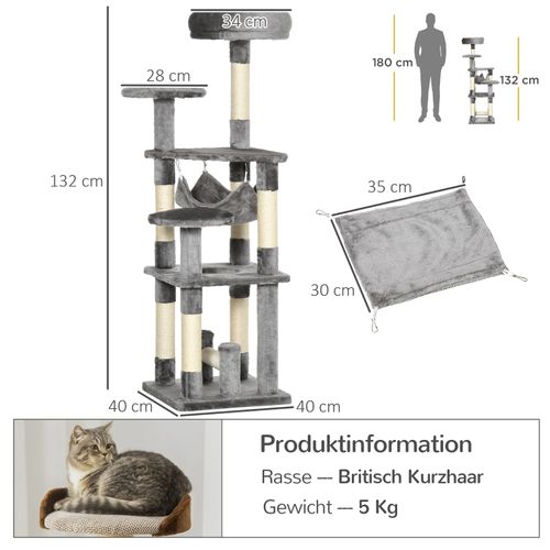 Arbre à Chat Robuste Avec Hamac Et Plateformes En Peluche, 132 Cm, Gris