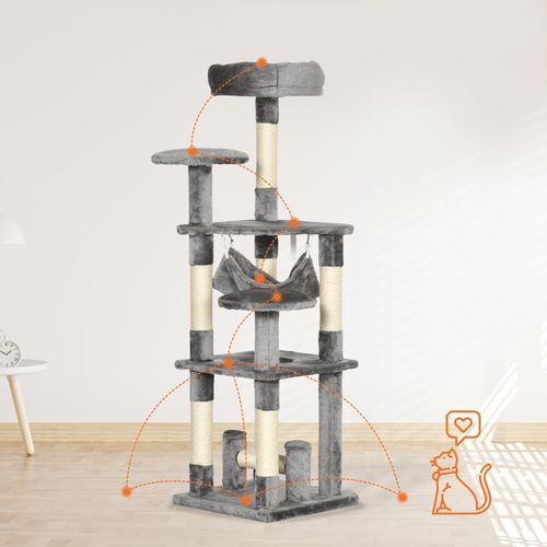Arbre à Chat Robuste Avec Hamac Et Plateformes En Peluche, 132 Cm, Gris