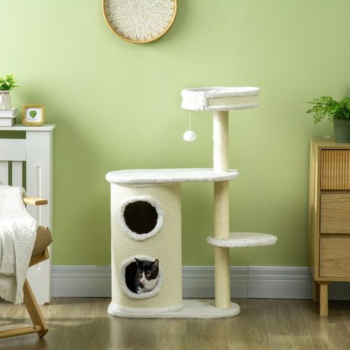 Arbre à Chat Avec Tonneau, Lit Et Jouet Suspendu 59x35x100 Cm Crème Et Blanc