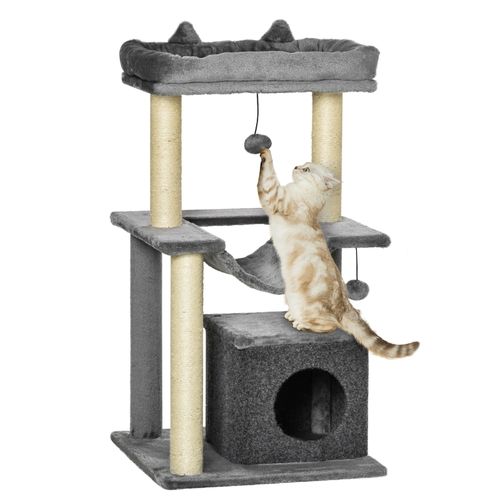 Arbre à Chat 90 cm Avec Hamac, Cabane, Plateformes Et Jouets En Sisal Gris