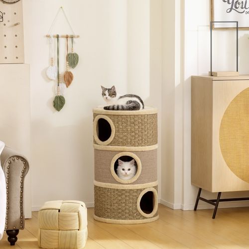 Tonneau à Griffer Pour Chats 79 cm à Trois Étages Avec Sisal Et Peluche