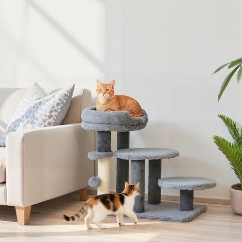 Arbre à Chat Avec Escalier Intégré, Base Large, Lit Amovible Et Poteaux En Sisal