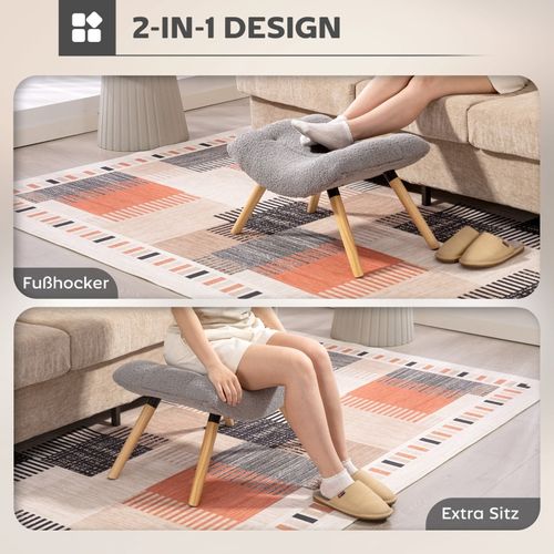 Repose-pieds Design En Tissu Bouclette Gris Clair Avec Assise Large Et Pieds En Bois