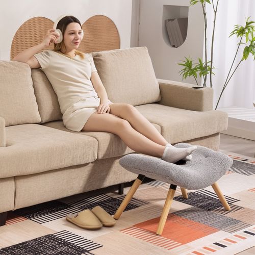 Repose-pieds Design En Tissu Bouclette Gris Clair Avec Assise Large Et Pieds En Bois