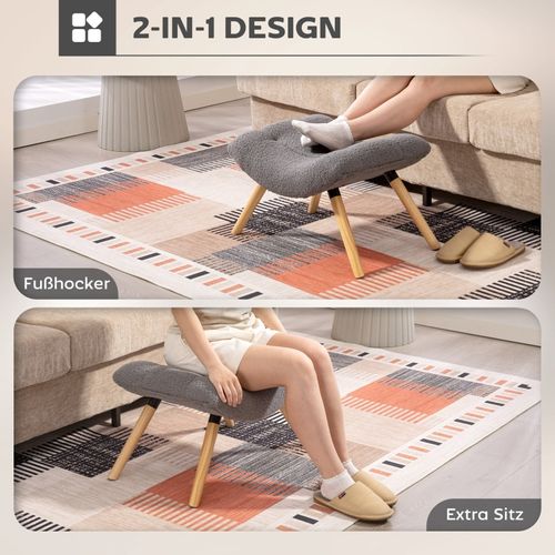 Repose-pieds Ergonomique En Tissu Bouclette Gris Foncé Avec Assise Large Et Pieds En Bois