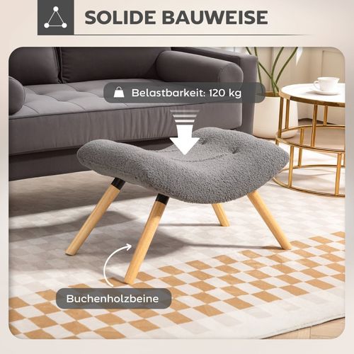 Repose-pieds Ergonomique En Tissu Bouclette Gris Foncé Avec Assise Large Et Pieds En Bois