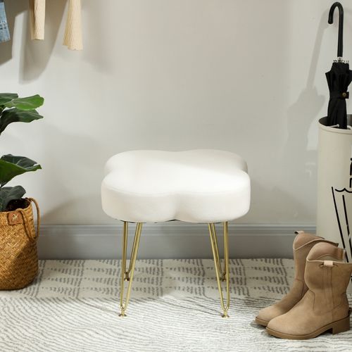 Repose-pieds Capitonné En Forme De Trèfle, Revêtement Tissu Doux Et Pieds En Acier Crème