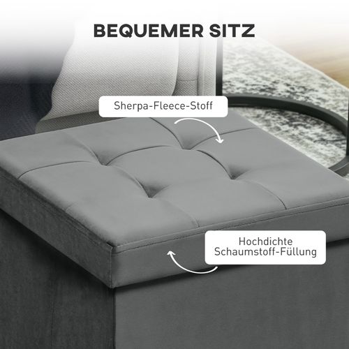 Pouf En Tissu Effet Velours Gris, Assise Rembourrée Et Coffre Intégré