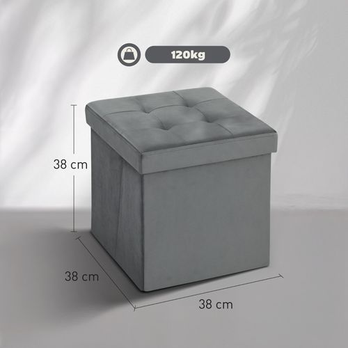 Pouf En Tissu Effet Velours Gris, Assise Rembourrée Et Coffre Intégré