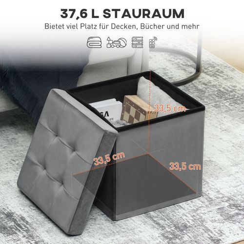 Pouf En Tissu Effet Velours Gris, Assise Rembourrée Et Coffre Intégré