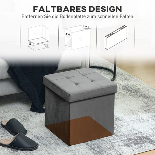 Pouf En Tissu Effet Velours Gris, Assise Rembourrée Et Coffre Intégré