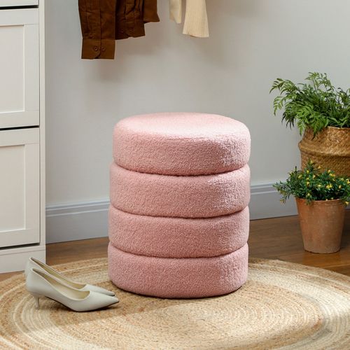 Pouf Rond En Teddy Fleece Rose, Assise Douce Et Légère, Usage Siège Ou Repose-pieds