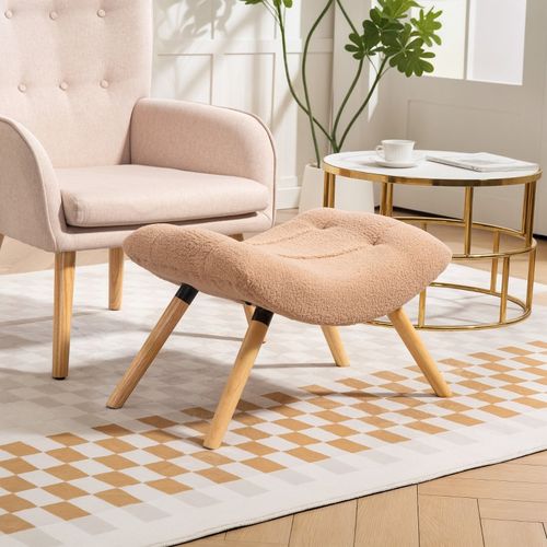 Repose-pieds Moderne En Berberfleece Marron Avec Assise Rembourrée Et Pieds En Bois