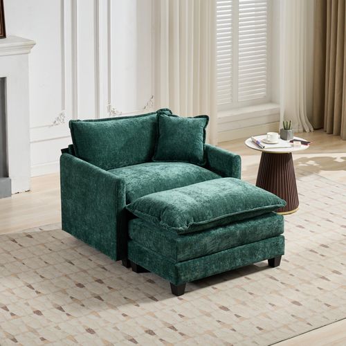 Ottomane Modulable En Chenille Vert, Assise Double Rembourrée, Salon Et Chambre