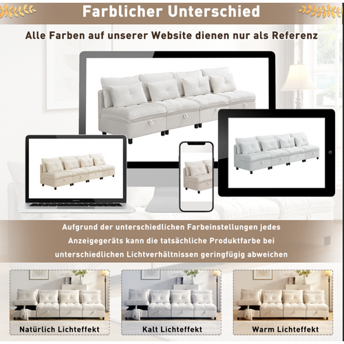 Canapé Modulable 4 Places Convertible Avec Rangement Sous Coussins Et Tissu Chenille, Beige