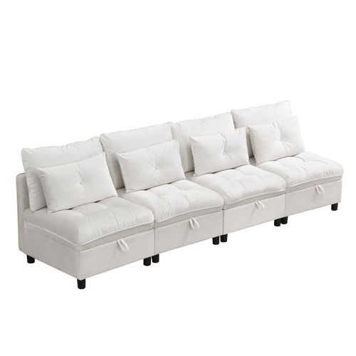Canapé Modulable 4 Places Convertible Avec Rangement Sous Coussins Et Tissu Chenille, Beige