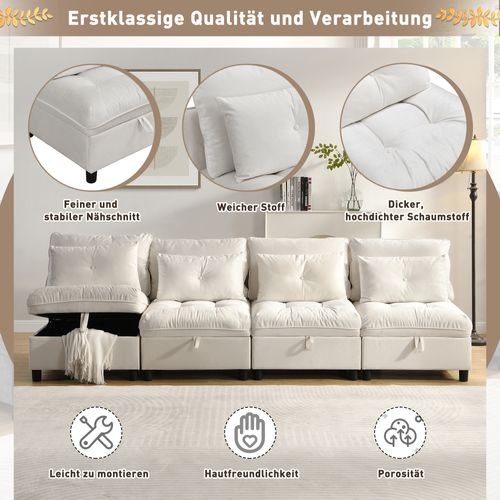 Canapé Modulable 4 Places Convertible Avec Rangement Sous Coussins Et Tissu Chenille, Beige