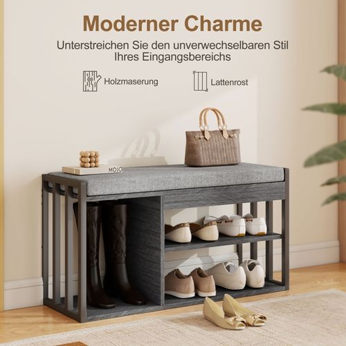 Banc à Chaussures 3 Étagères 86x30x45,4 Cm Avec Assise Rembourrée Et Rangement Gris