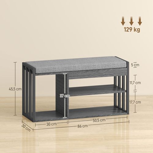 Banc à Chaussures 3 Étagères 86x30x45,4 Cm Avec Assise Rembourrée Et Rangement Gris