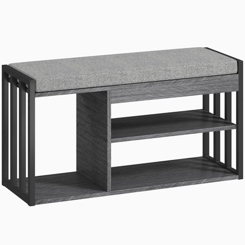 Banc à Chaussures 3 Étagères 86x30x45,4 Cm Avec Assise Rembourrée Et Rangement Gris