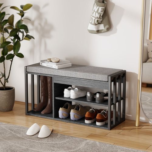 Banc à Chaussures 3 Étagères 86x30x45,4 Cm Avec Assise Rembourrée Et Rangement Gris