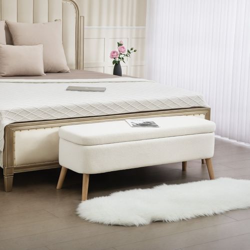 Banc Coffre 120x42x45 Cm Avec Assise En Fleece Et Rangement 65 L Crème