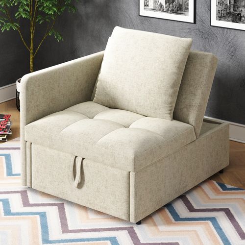 Fauteuil Convertible 3-en-1 En Lin Beige Avec Dossier Réglable Pour Petits Espaces