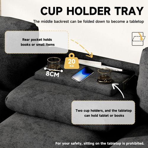 Canapé 3 Places En Chenille Gris Avec USB, Table Rabattable Et Rangement Intégré