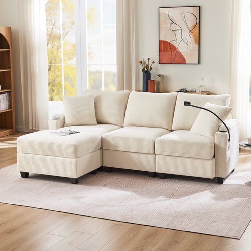 Canapé D’angle L 3-4 Places En Corduroy Avec Repose-pieds, USB Et Rangement